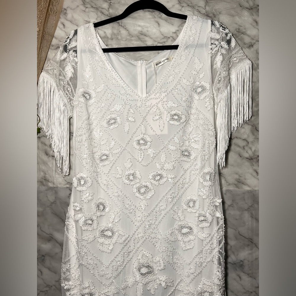 Gatsby Flapper Fringe Beaded Formal Wedding Dress Vintage XL fits more like M/L - Picture 5 of 11